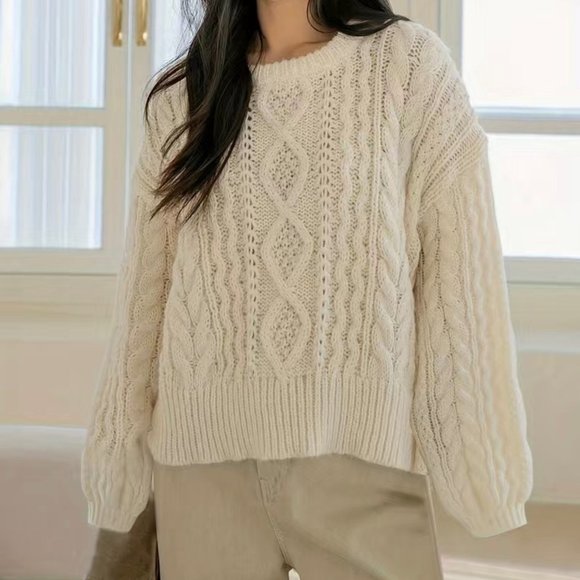 Women Pullover Sweater Large Apricot-Cream Knit Cable Round Neck Long Sleeve - Picture 2 of 9